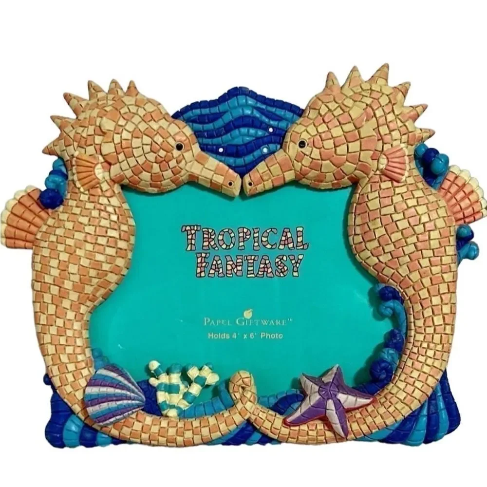 Vintage Colorful Seahorse Tropical Fantasy Picture Frame Tourist Gift Shop Flori